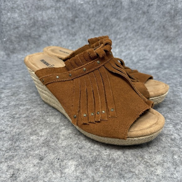 Minnetonka Quinn Suede Fringe Espadrille Wedge Sandals Size 8 Shoes Mule Western - Picture 1 of 9